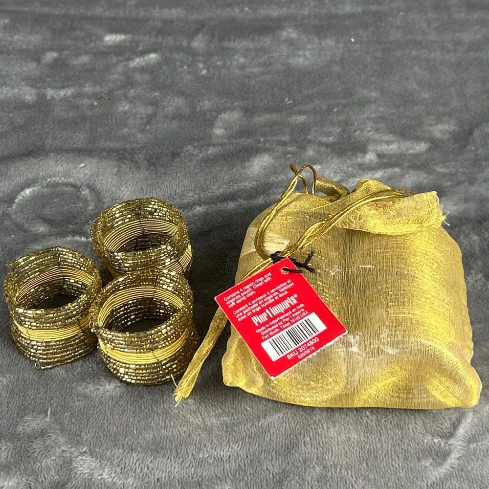 Pier 1 Imports Gold‎ Beaded Napkin Rings Set of 7 Metallic Holiday Table Decor